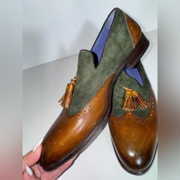 CERBERO ITALY NANO TASSEL LEATHER BROWN/GREEN LOAFERS MENS SIZE 8 - Picture 7 of 12